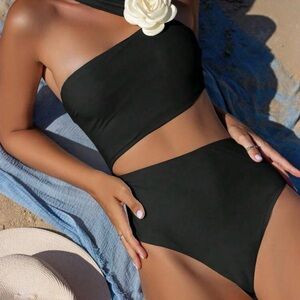 New! Black One-Shoulder Swimsuit with White Floral Accent